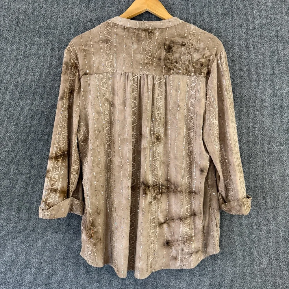 Cocomo Womens Tan Brown Rhinestone Marbled Top Size XL V Neck Pullover Office - Picture 2 of 7